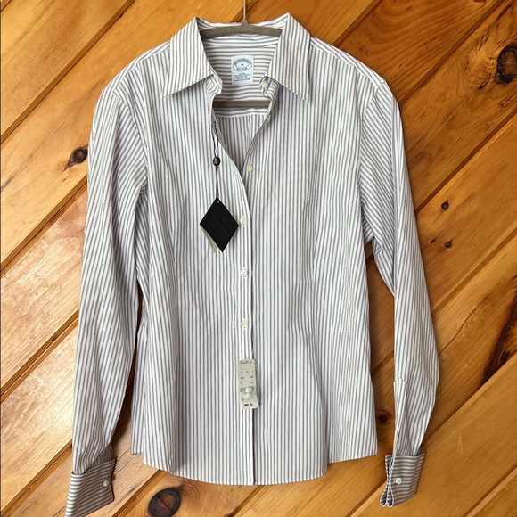Brooks Brothers White Purple Gray Striped Button Down Shirt NWT Women 10 fitted - Picture 1 of 6